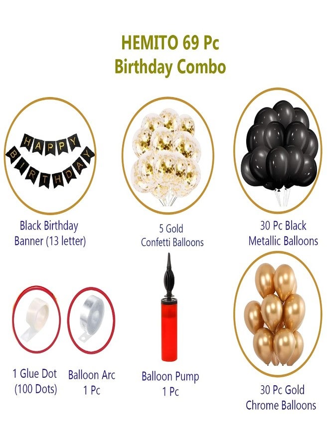 Hemito Rubber Birthday Decoration Kit 69 Pieces - Gold Black Balloons With Birthday Banner, Glue Dot, Arc, Confetti Balloons with Balloon Pump for Boys Kids Baby Birthday Decoration Items - Image 2